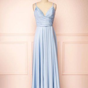 Blue satin dress with a slit for petite / short woman